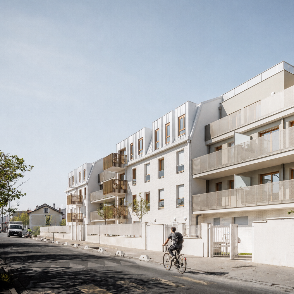 Vue sur rue du linéaire de façade d'une résidence de 56 logements collectifs conçue par Cussac Architectes & Associés (CA+A) à Bondy (Seine-Saint-Denis), avec façades en briques blanches, balcons, toitures en zinc et intégration dans le tissu urbain.